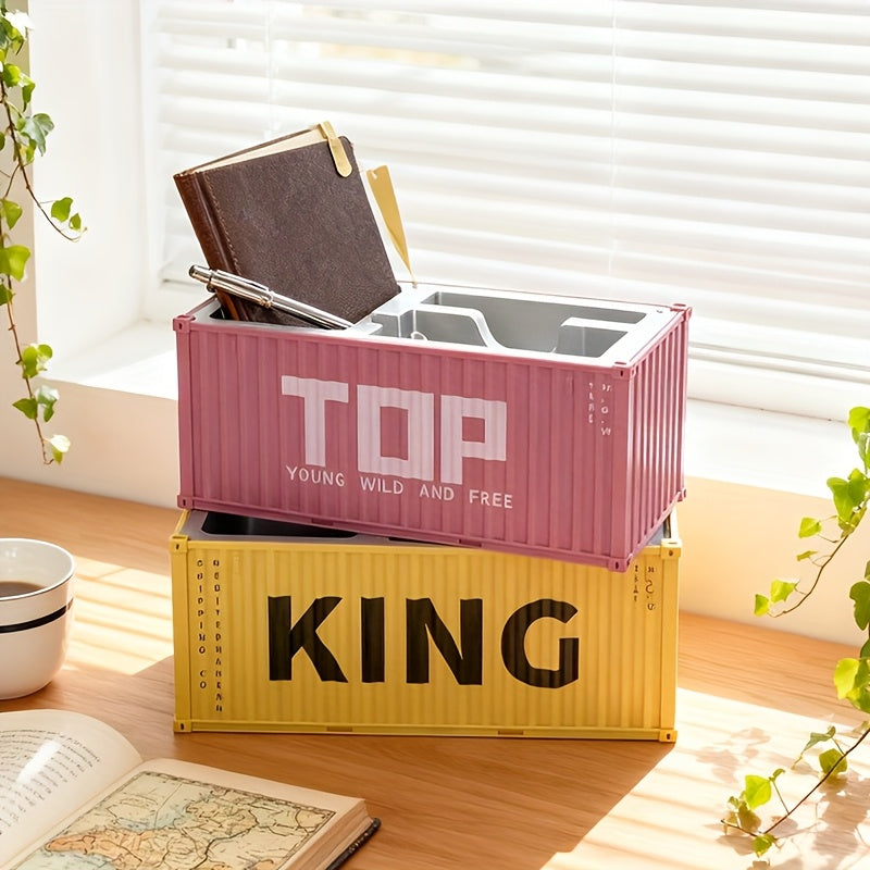1pc/Container Model Pen Holder And Desktop Organizer - Multifunctional Embedded Office Storage Rack, with Pen/Pencil Slots, Business Card Holder, Lightweight And Durable Design, Workspace Organization Tool, Desktop Accessory, Paperclip Storage