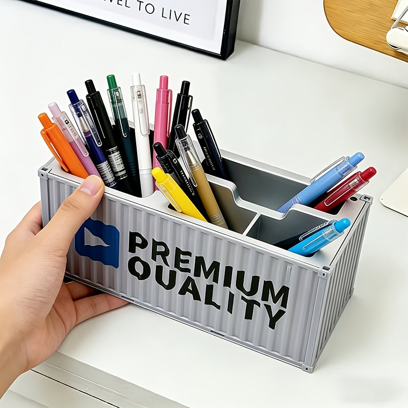 1pc/Container Model Pen Holder And Desktop Organizer - Multifunctional Embedded Office Storage Rack, with Pen/Pencil Slots, Business Card Holder, Lightweight And Durable Design, Workspace Organization Tool, Desktop Accessory, Paperclip Storage