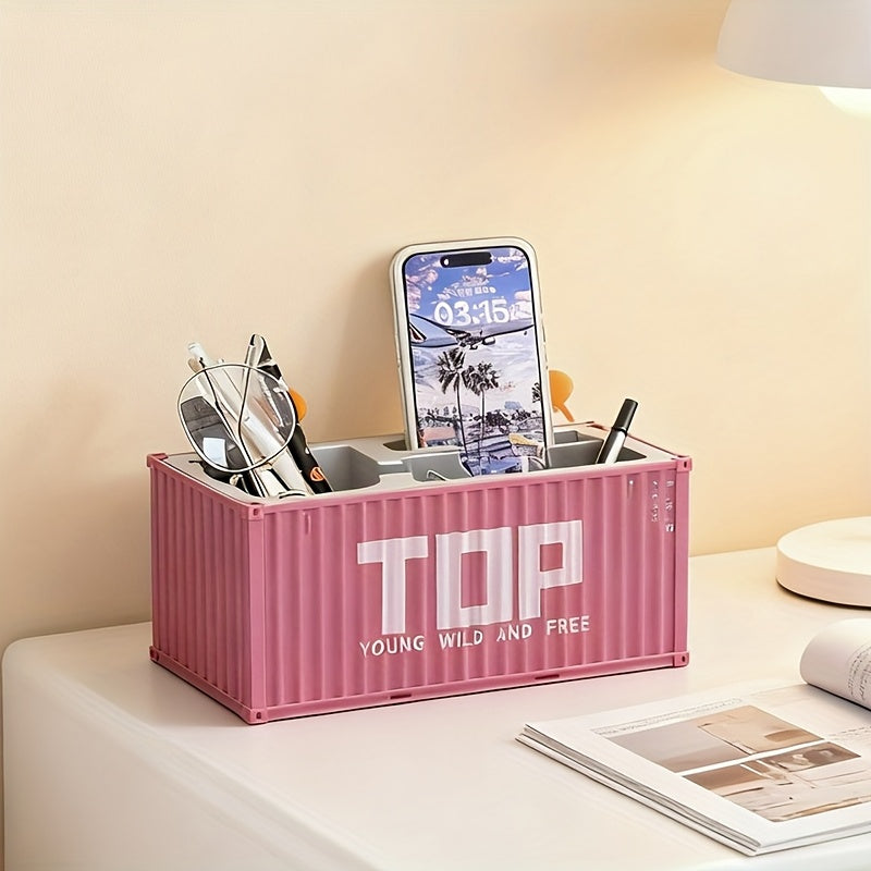 1pc/Container Model Pen Holder And Desktop Organizer - Multifunctional Embedded Office Storage Rack, with Pen/Pencil Slots, Business Card Holder, Lightweight And Durable Design, Workspace Organization Tool, Desktop Accessory, Paperclip Storage